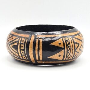 Wooden Handpainted Bangle Bracelet Tribal Geometric Pattern Ethnic Boho Handmade